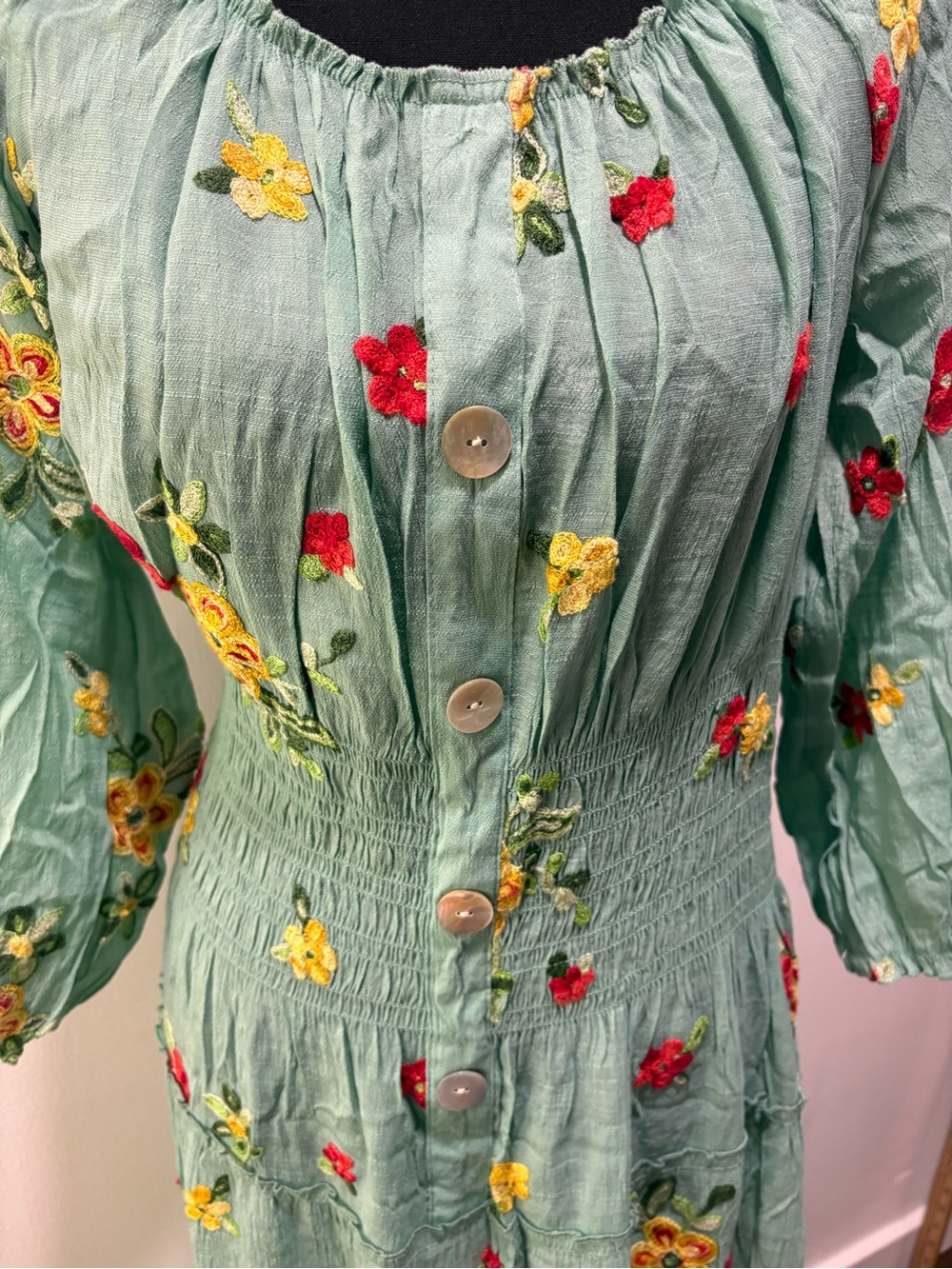 Fig and Flower Aqua Floral Embroidered Button Front Maxi Dress Boho L - Picture 2 of 10